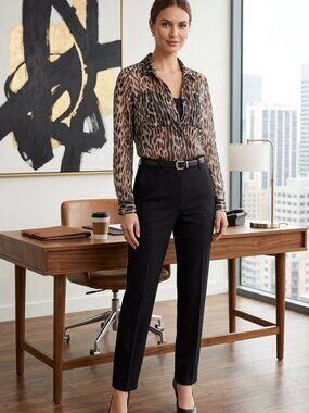 MK Michael Kors Leopard Print Sheer Blouse Studded Collar Silver Threads Sz PM